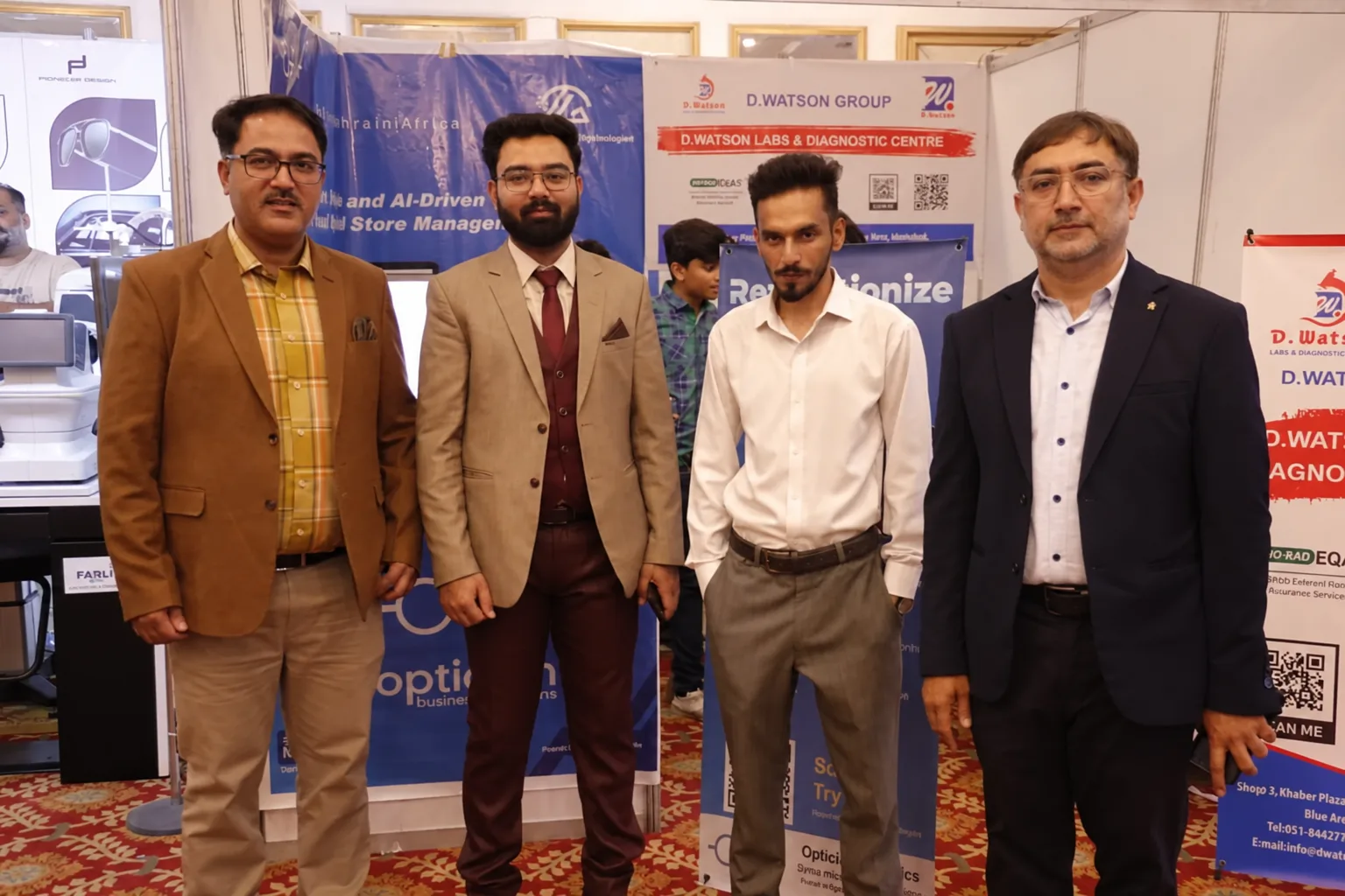CEO Mubashar Hussain, Founder Ittyab Ur Rehman and the team at the Optician Dynamics booth, OptiPak Expo 2025, Pearl Continental Hotel Rawalpindi