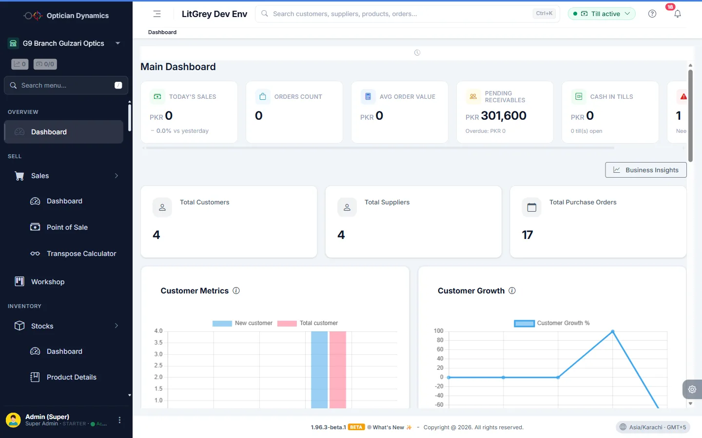 Optician Dynamics branch dashboard — today's sales, pending receivables and low-stock alerts across every branch