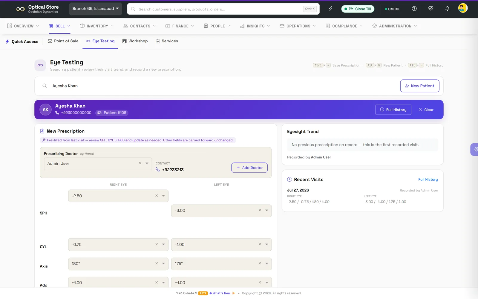Optician Dynamics eye testing screen: recording a new prescription with SPH, CYL, Axis and Add for right and left eye, prescribing doctor, and the patient's eyesight trend